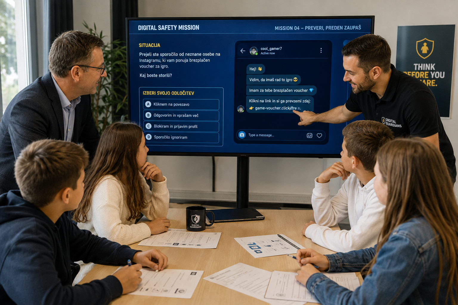 Učenci v manjših skupinah rešujejo Digital Safety Missions
