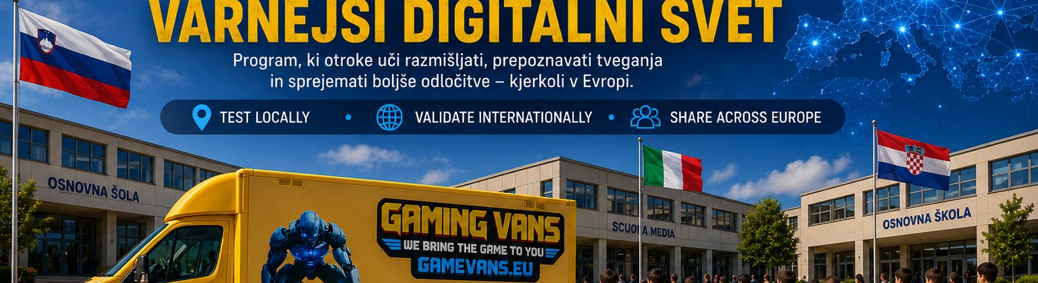 Gaming Van pred šolo z zastavami Slovenije, Italije in Hrvaške