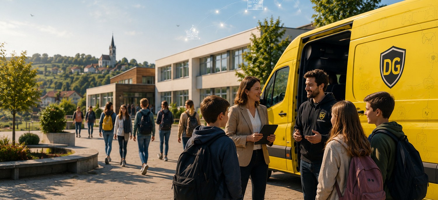 Gaming Van in učenci pred partnersko šolo